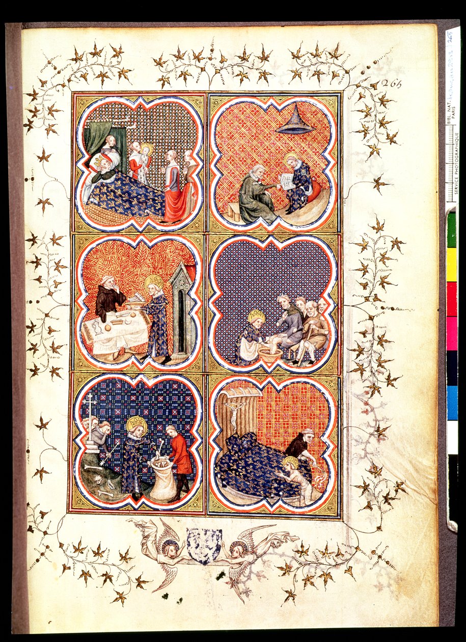 Fr 2813 f.265来自圣路易斯生活的六个场景（1215-70），来自Grandes Chroniques de France，1375-79 作者 法语学校