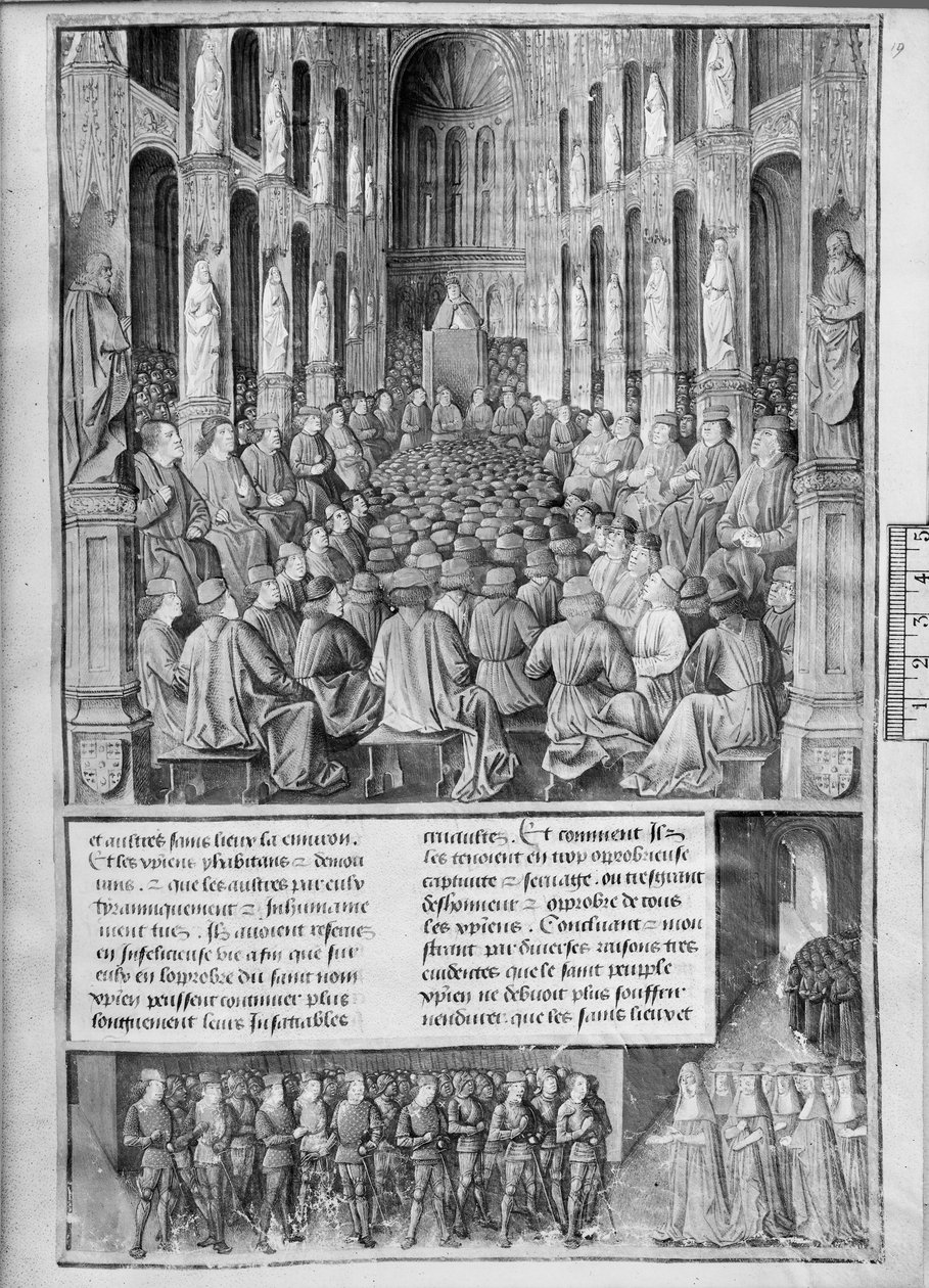 Fr 5594 fol.19 Pope Urban II（1042-99）如何在Clermont-Ferrand委员会宣讲重建圣墓教堂，来自Sebastien Mamerot de So的Les Passages dOutre-Mer的插图 作者 法语学校