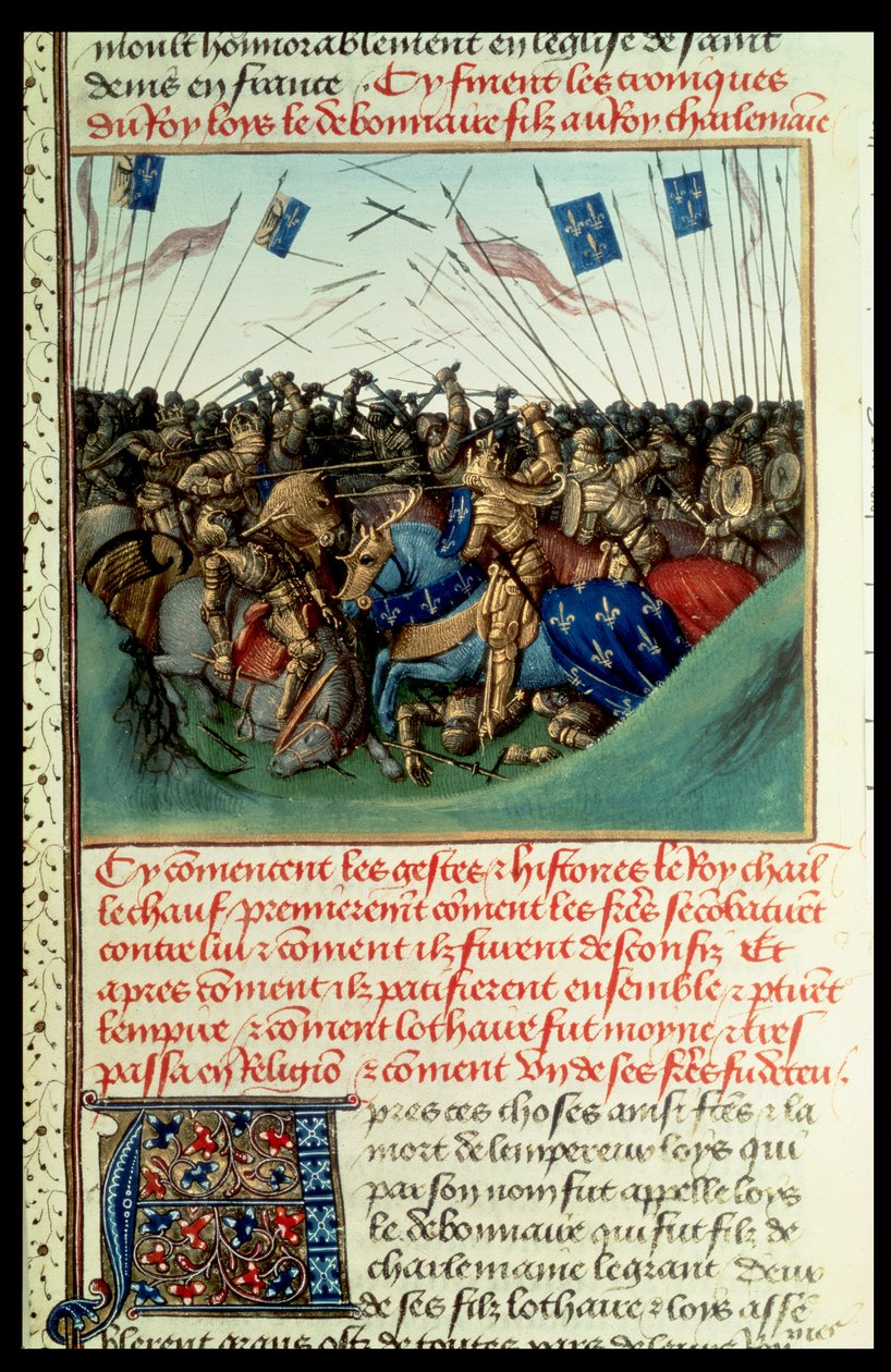 Fr 6465 f.140 Lothair I（795-855）西部皇帝在841年与他的兄弟Louis the German（c.804-76）和Charles the Bald（823-77）在Fontenoy en Puisaye战斗 作者 法语学校