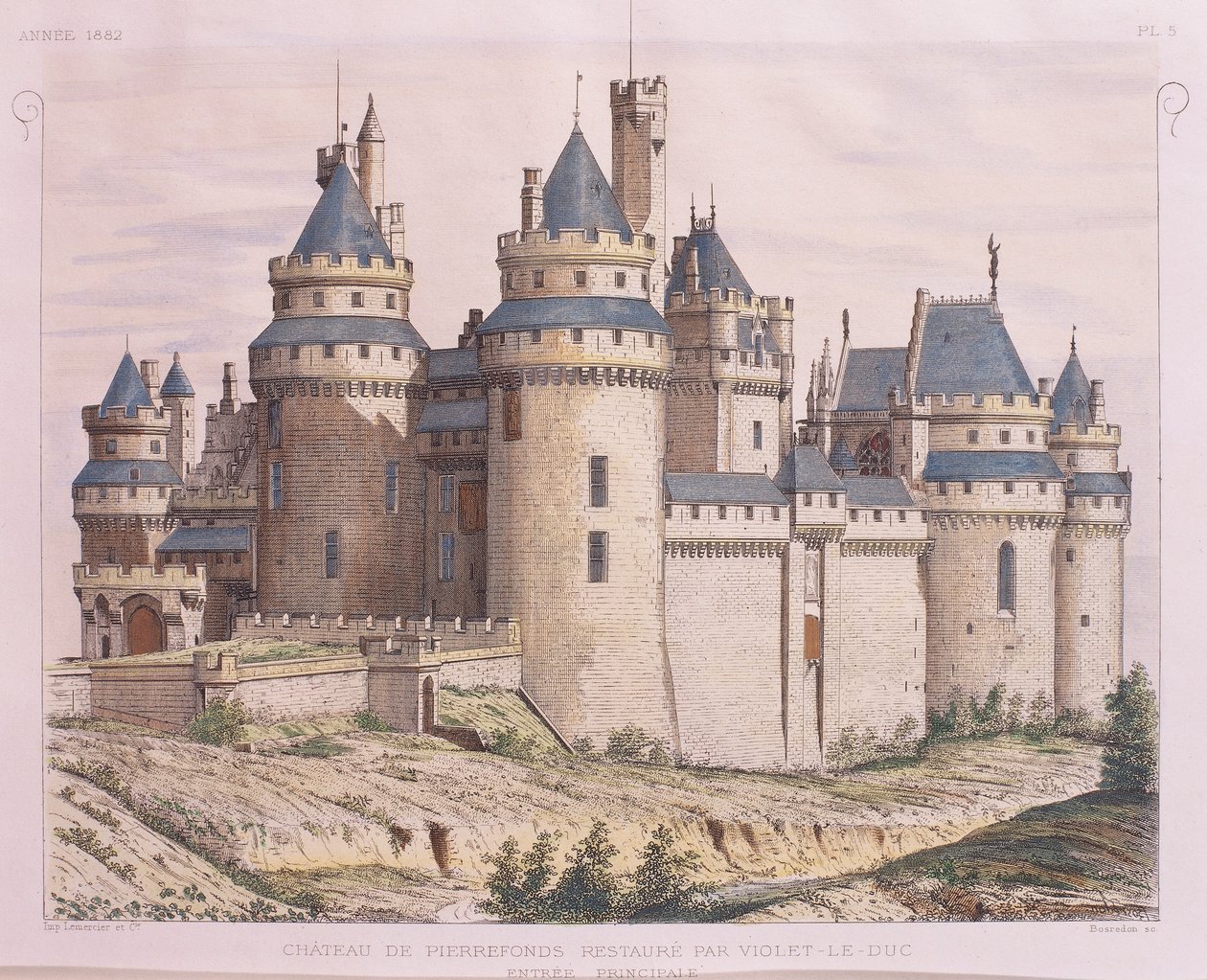 法国，Pierrefonds中世纪城堡，由Violet le Duc修复，来自Moniteur des Architectes，雕刻。 作者 法语学校
