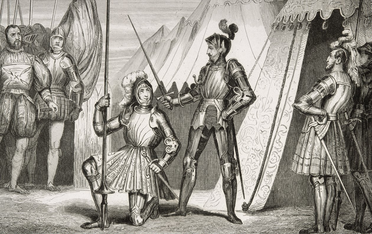 弗朗索瓦一世（1494-1547）在马里尼亚诺战役后被贝亚德船长封为爵士，来自科拉特的“法国历史”，出版于1840年 作者 法语学校