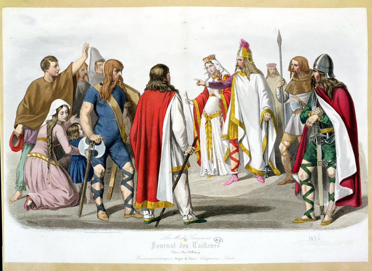 Frankish和Merovingian服饰，来自Les Modes Francaises的历史时尚品牌 -  Journal of Tailors，1836 作者 法语学校