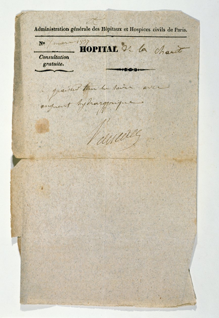 1837年3月7日在巴黎的Hopital de la Charite免费开具处方药 作者 法语学校