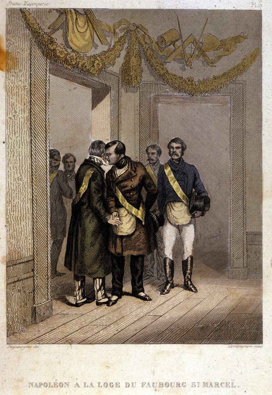 Freemaking：拿破仑·约瑟夫·查尔斯·保罗·波拿巴（Napoleon Joseph Charles Paul Bonaparte），绰号 Jerome 王子或 Plonplon 在 Faubourg Saint Marcel 神庙的入口处被辨认出来。 雕刻自“”共济会和古代秘密社团的风景如画的历史 作者 法语学校