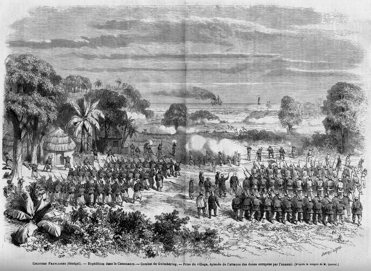 法国殖民地（塞内加尔）1865年。在卡萨芒斯的远征。吉姆贝林战役，夺取村庄，攻击敌人占领的沙丘的情节。 作者 法语学校