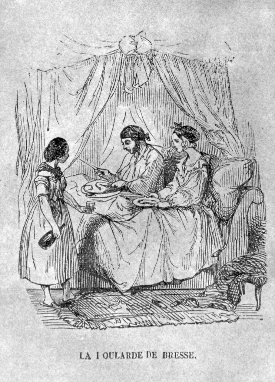法国插图：一个因痛风而卧病在床的人。1848年（雕版画 作者 法语学校