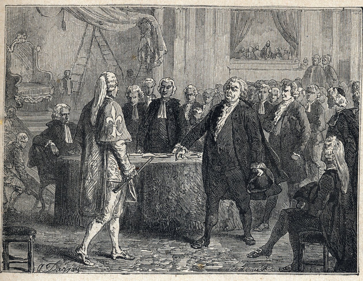 法国大革命--大会于1789年6月23日举行。米拉波伯爵霍诺尔-加布里埃尔（Honore-Gabriel）-里奎蒂（1749-1791）使徒亨利-埃弗拉尔（Henri-Evrard），德勒布雷兹（Dreux-Breze）侯爵（1762-1829）。1889年的雕版画。私人收藏。 作者 法语学校