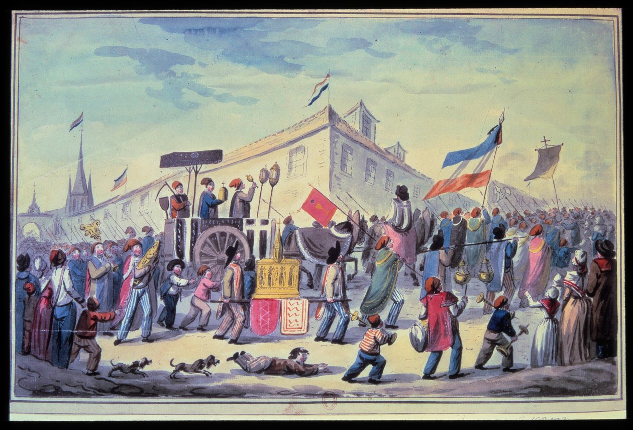 法国大革命。"1793年11月的反宗教化装舞会" 1793年的匿名水彩画。巴黎阿森纳图书馆 作者 法语学校