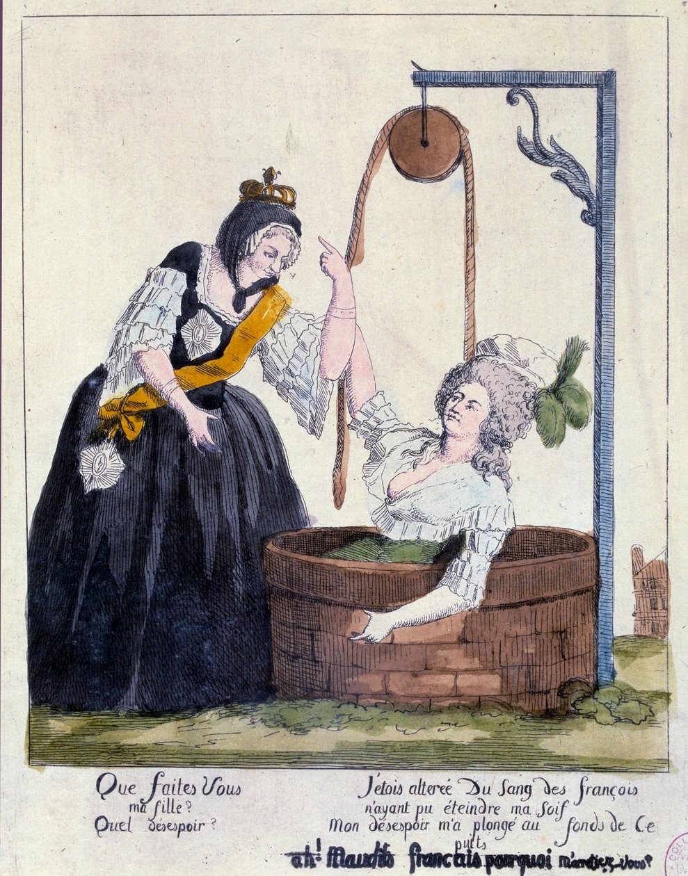 French Revolution: Cartoon against Queen Marie Antoinette (1755-1793) fell to the bottom of a well for wanting to quench her thirst for French blood. 18th century. Paris, B.N. 作者 法语学校