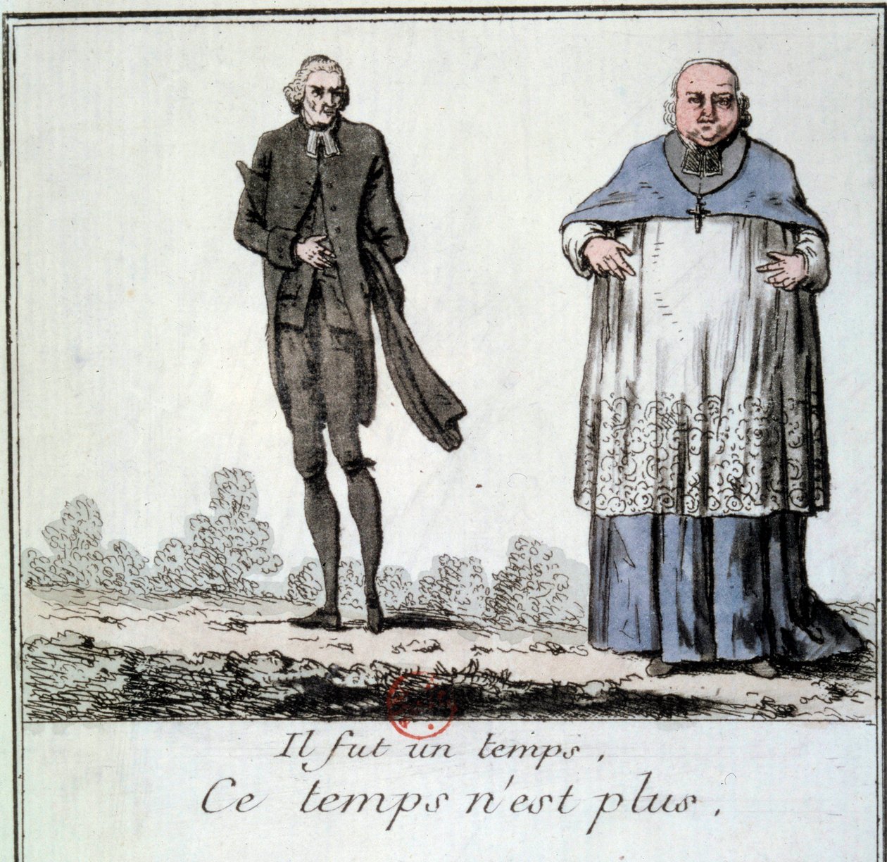 French Revolution: Cartoon on the disappearance of the privileges of the clerk representing a lean priest and a corpulent and fat eveque from the time of the Old Regime. Engraving from 1790. Paris, Library of the Arsenal 作者 法语学校