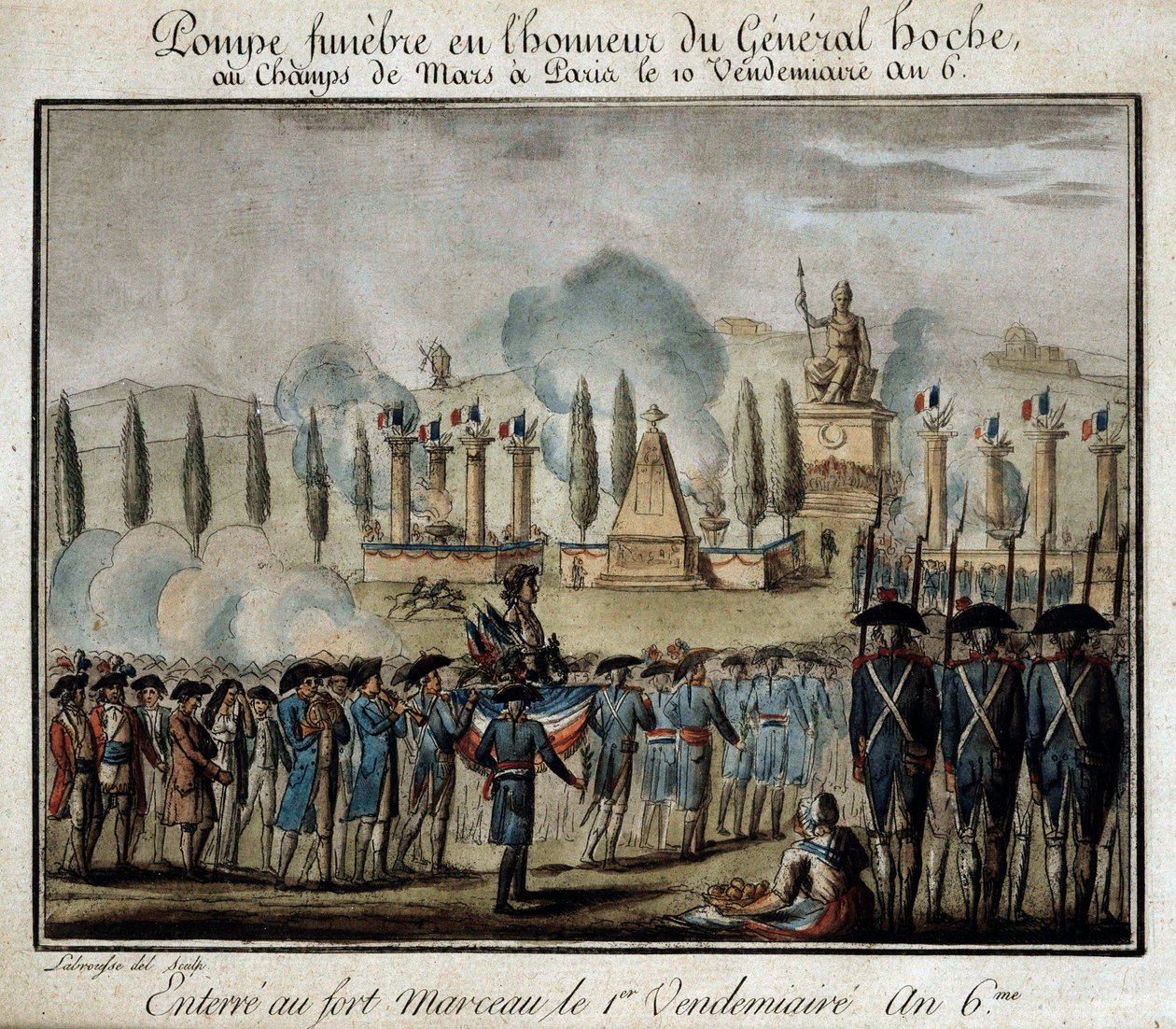 French Revolution: “” Ceremony of funebre pump in honor of General Lazare Hoche (1768-1797) at the Champs de Mars in Paris on the 10th of Friday year 6”” Engraving of 1797. Versailles, Lambinet museum 作者 法语学校
