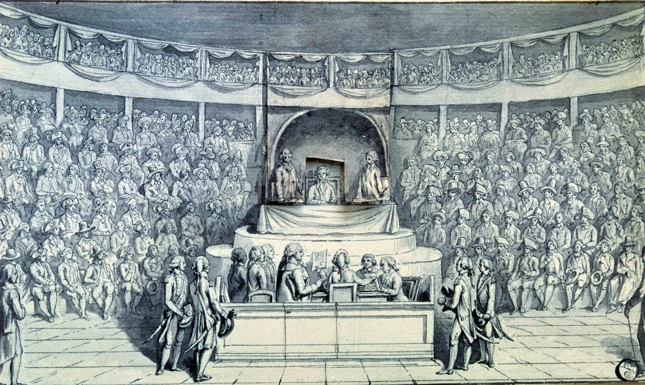 法国大革命。国王路易十六（1754-1793）在1793年1月21日国民大会上接受审判时，安托万-巴纳夫（1761-1793）对他进行了询问，国民大会将决定对他的死刑判决。1793年左右的匿名画。巴黎，卢浮宫博物馆 作者 法语学校