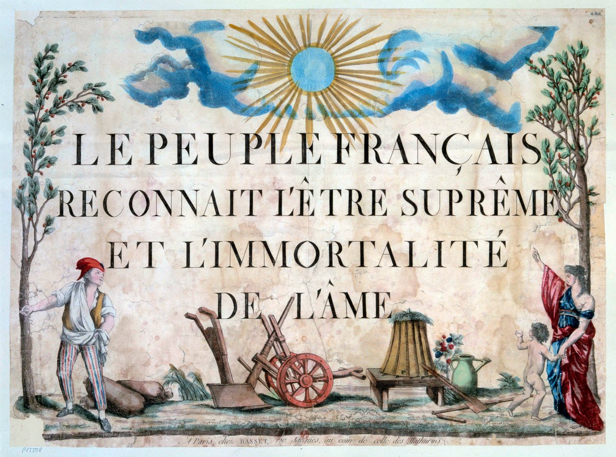 法国大革命。"法国人民承认灵魂的最高存在和不朽"。Un sans-panlotte, un arbre de la Liberte, des outils agricoles.1794.巴黎。阿森纳图书馆 作者 法语学校