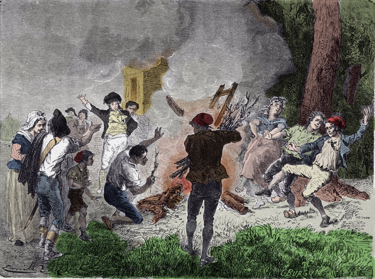 法国大革命。"1792年9月，人们在梅尼拉芒的圣法尔戈公园烧毁了克劳德-沙佩的电报机，认为这是一个旨在与锁在圣殿监狱中的王室成员联系的装置""刻字 作者 法语学校