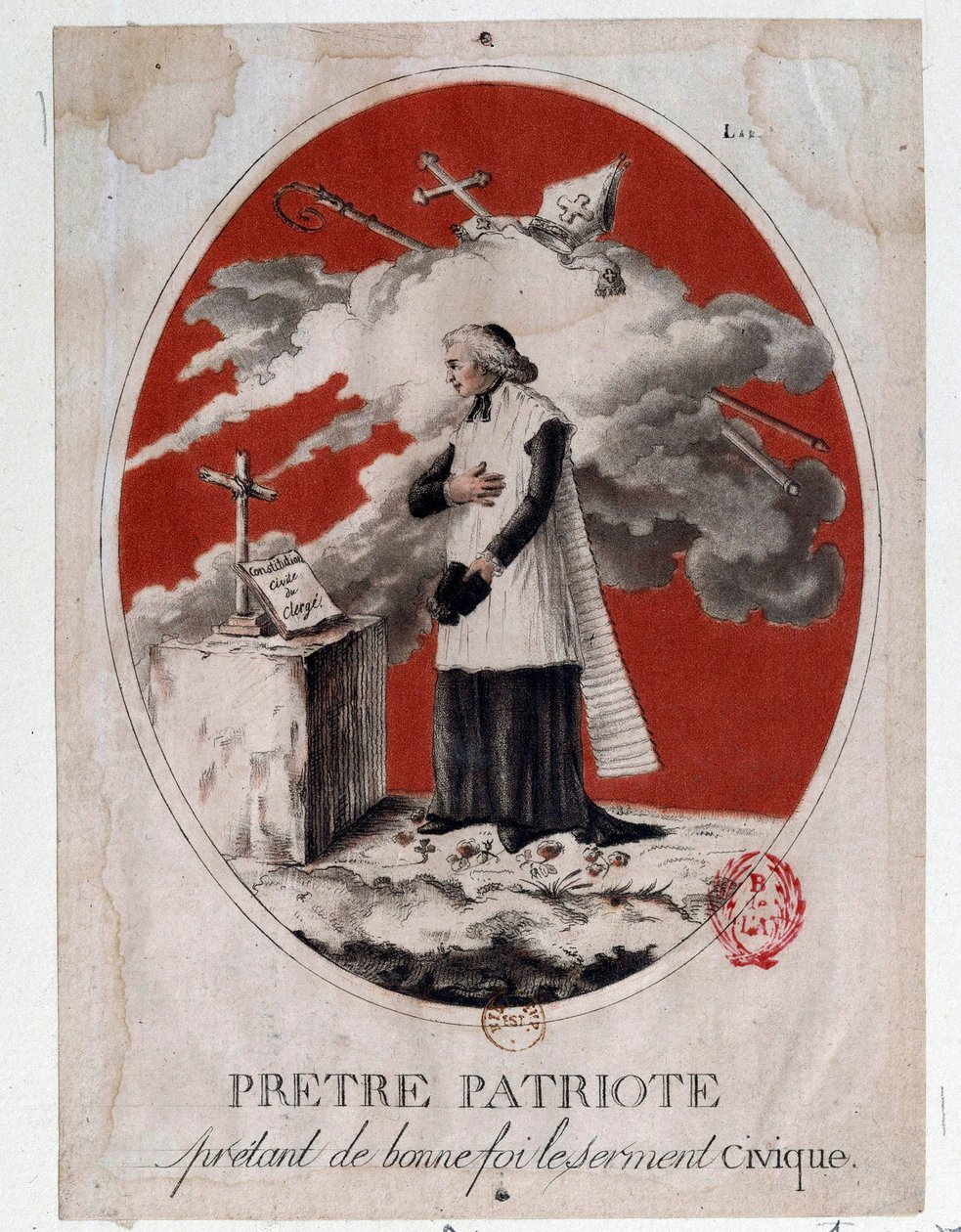 French Revolution: a patriot priest taking the civic oath in good faith. Engraving of the 18th century. Paris, Library of the Arsenal 作者 法语学校
