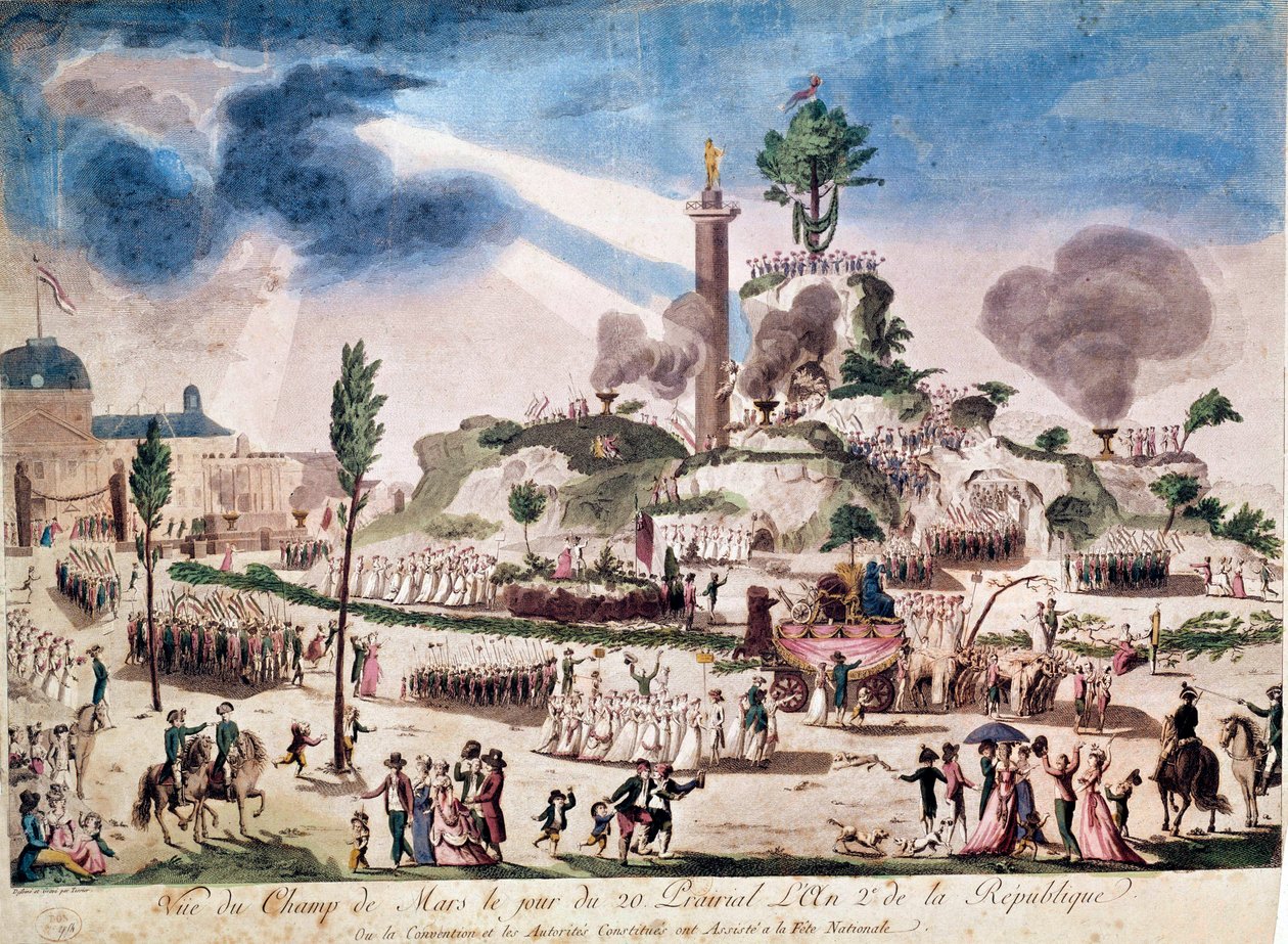 法国大革命：1794年6月8日在香榭丽舍大街举行的至尊者庆典（20 Prairial An II）。18世纪的匿名版画。 作者 法语学校