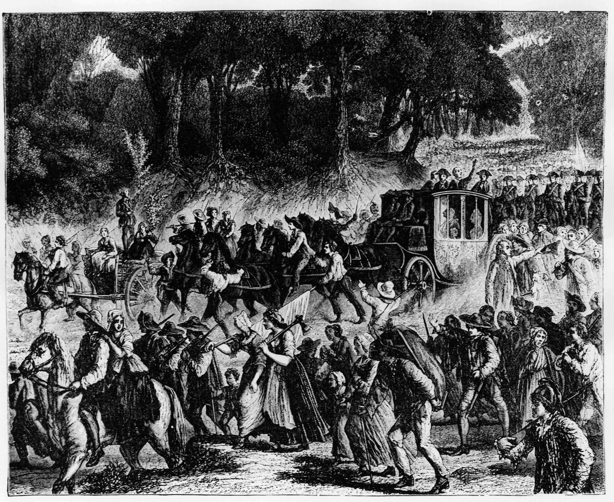法国大革命：王室成员（路易十六和玛丽-安托瓦内特）抵达巴黎，1789年10月5日 - 雕刻。 作者 法语学校