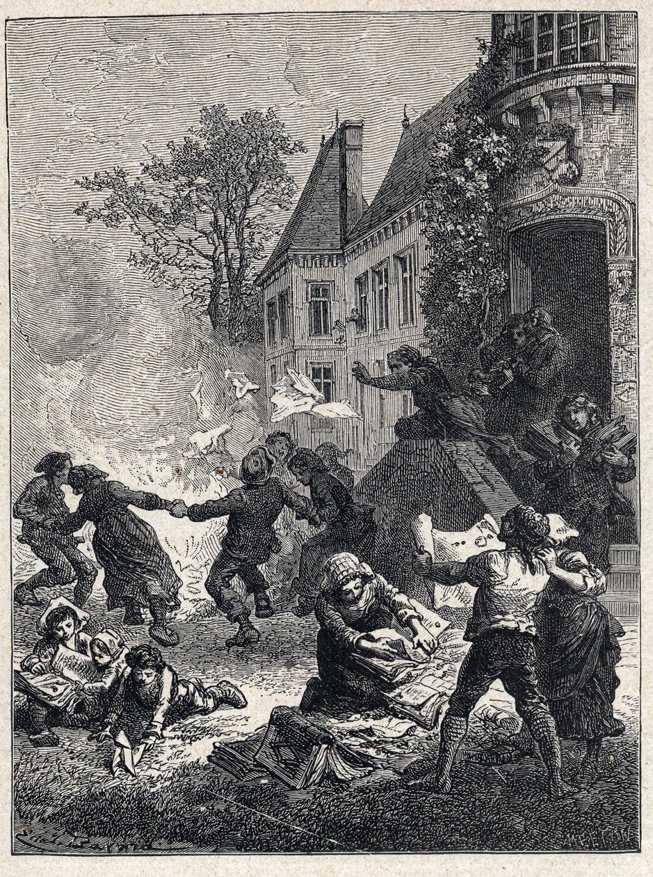 法国大革命：1789年8月，农民们烧掉了他们的封建头衔，并围着火堆跳舞，以庆祝特权的废除。1889年的版画。私人收藏。 作者 法语学校