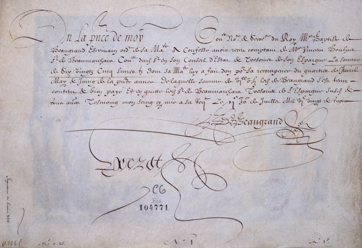 法国书法。1623年7月2日交付给伯纳德-德-博格朗的Recu。巴黎市历史图书馆。 作者 法语学校