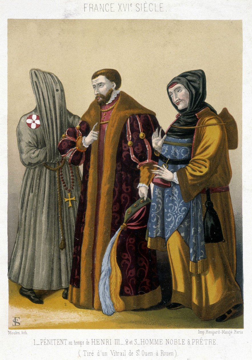 French costumes in the 16th century: On the left, a penitent, in the center a noble and on the right a priest. Illustration of the 19th century from Saint Ouen to Rouen. 作者 法语学校