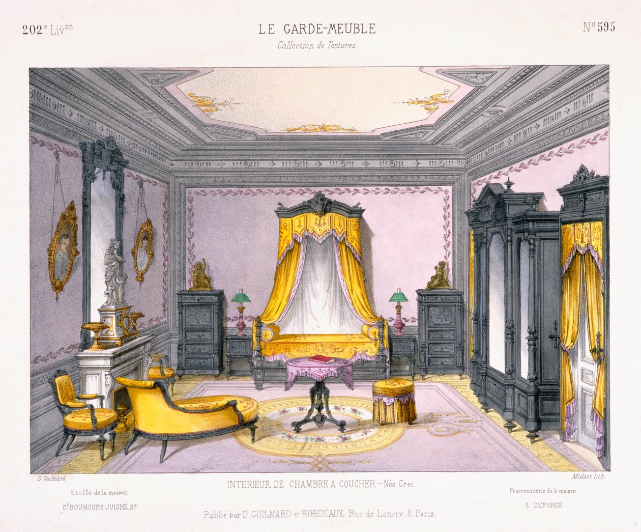 Le Garde-Meuble图案书中的新希腊风格卧室内部法式设计，由巴黎D Guillard出版 作者 法语学校