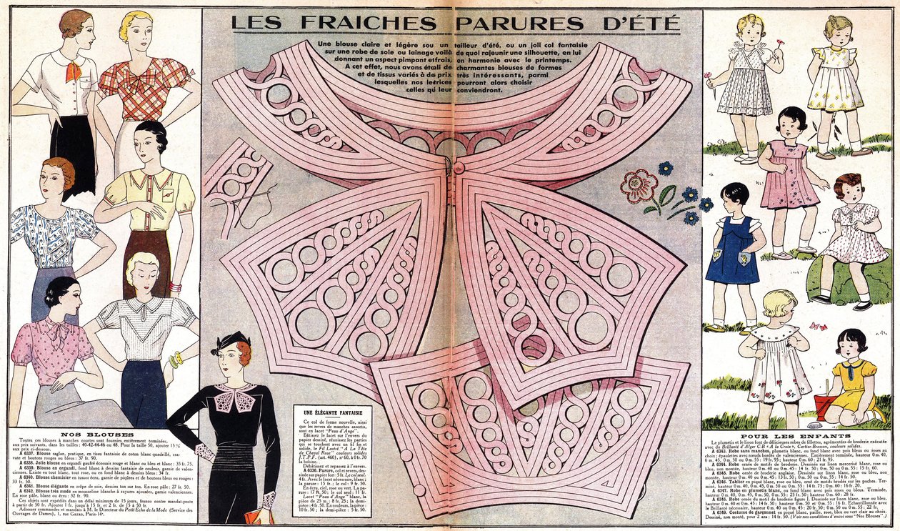 1934 年夏天的法国时尚：女性时尚（上衣）和童趣时尚（连衣裙和服装）。在 "Le petit echo de la mode "中 作者 法语学校