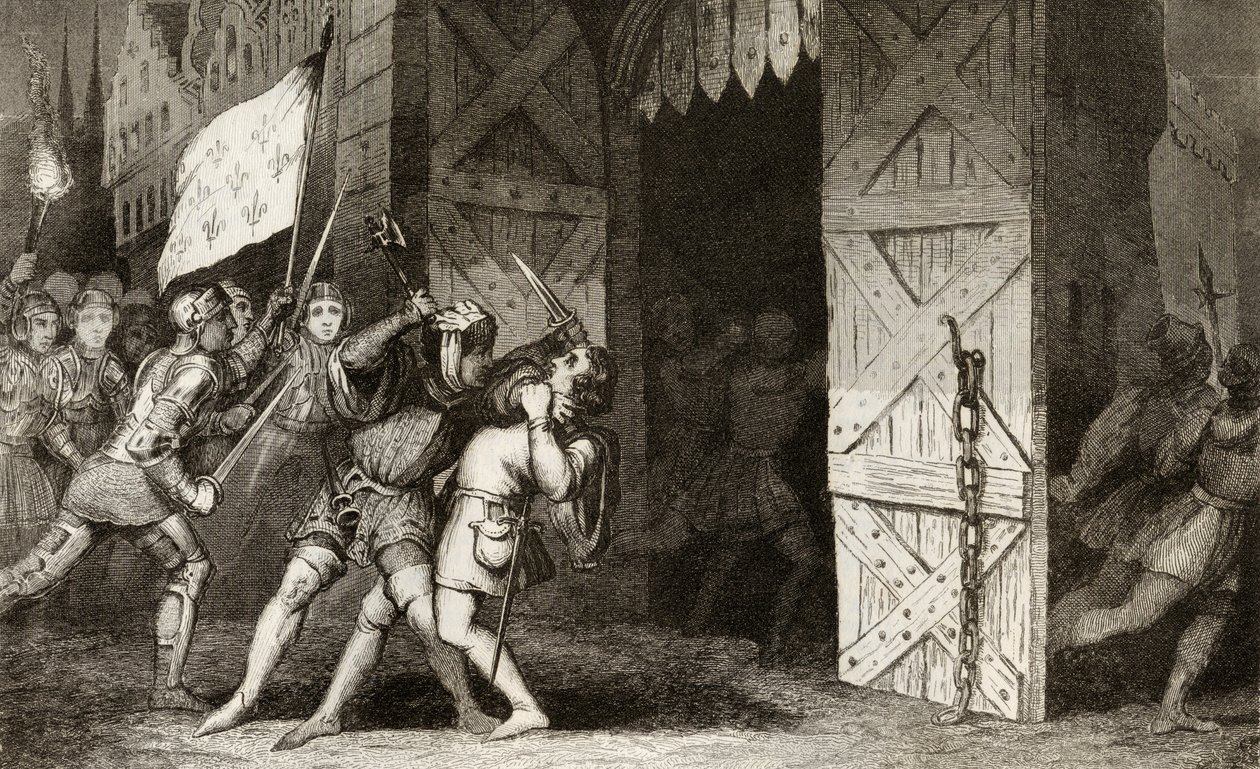 法国骑士在100年战争期间攻击一个英国城市，来自Colart的“Histoire de France”，出版于1840年 作者 法语学校