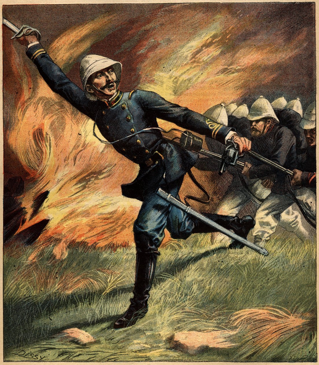 1891 年，驻印度支那 Tonkin 的法国军官在与中国军队的战斗中。1892 年 2 月 25 日第 69 期 "La Terre Illustree "杂志上的版画。 作者 法语学校
