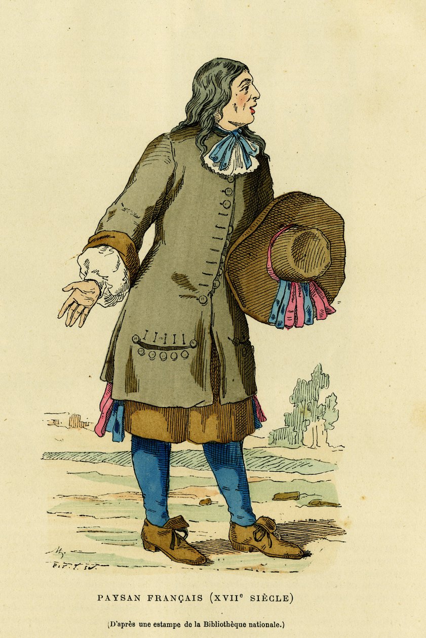 French peasant costume in the 18th century. Engraving in colours after a print of the national bibliotheque, in “France et les francais a travers les centuries” by Augustin Challamel, F.Roy editor, Paris 1882. Selva Collection. 作者 法语学校