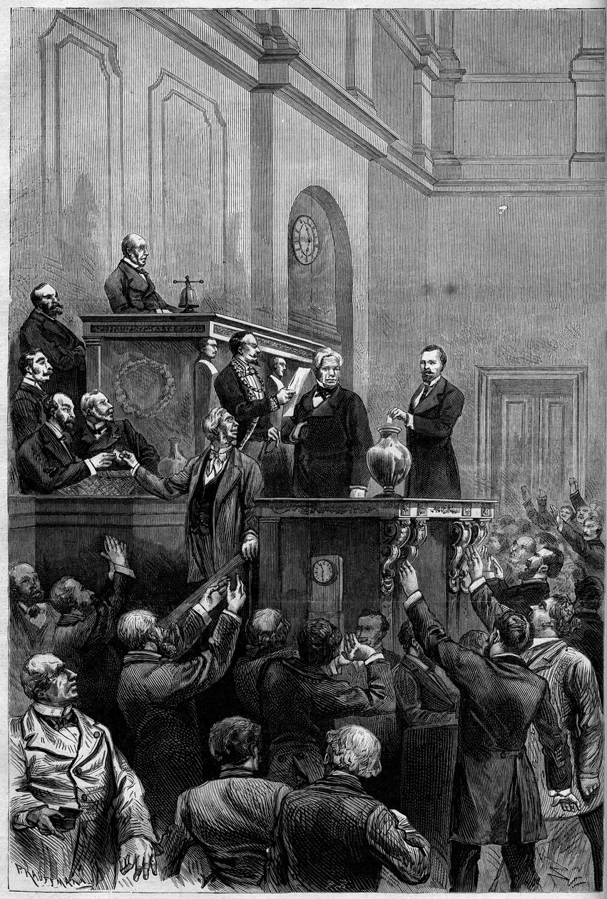 法国总统选举，1879年1月30日：在马克-马洪（Mac-Mahon）辞职后，议员们投票选出了共和国的新总统。这幅版画表现的是朱尔-阿尔芒（Jules-Armand）-杜福尔（1798-1881）将他的选票 作者 法语学校