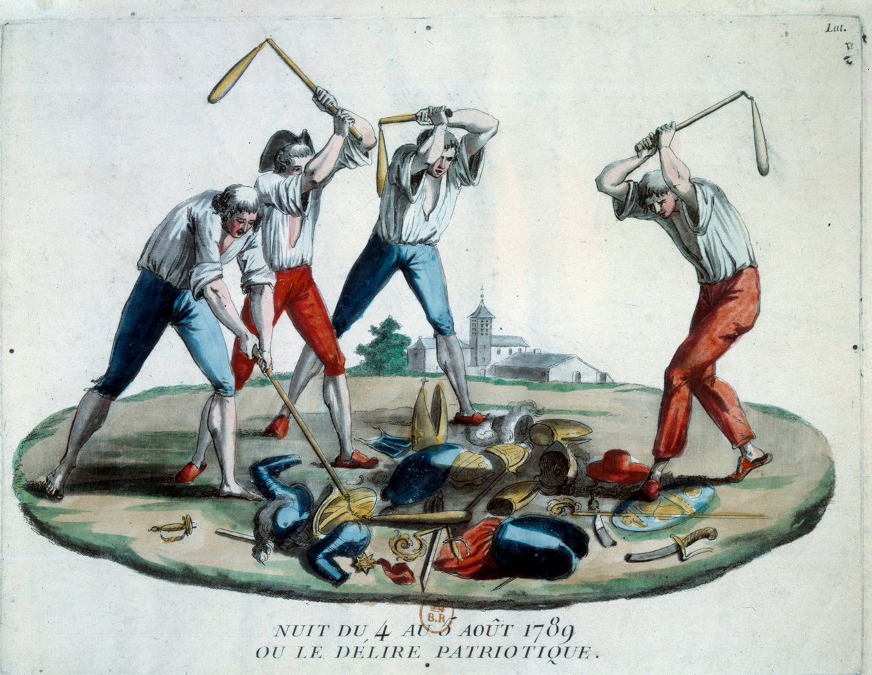 French revolution: allegory of the night of 4/08/1789 which saw the abolition of feodal privileges and rights. Members of the Patriot people destroy the symbols of nobility, clergymen and armour. Engraving from 1789. Paris, Library of the Arsenal 作者 法语学校