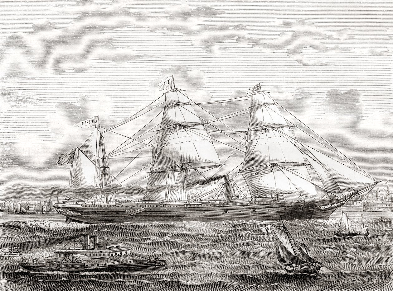 French steam powered transatlantic liner Pereire (1866-1888), from Les Merveilles de la Science, pub.1870 作者 法语学校