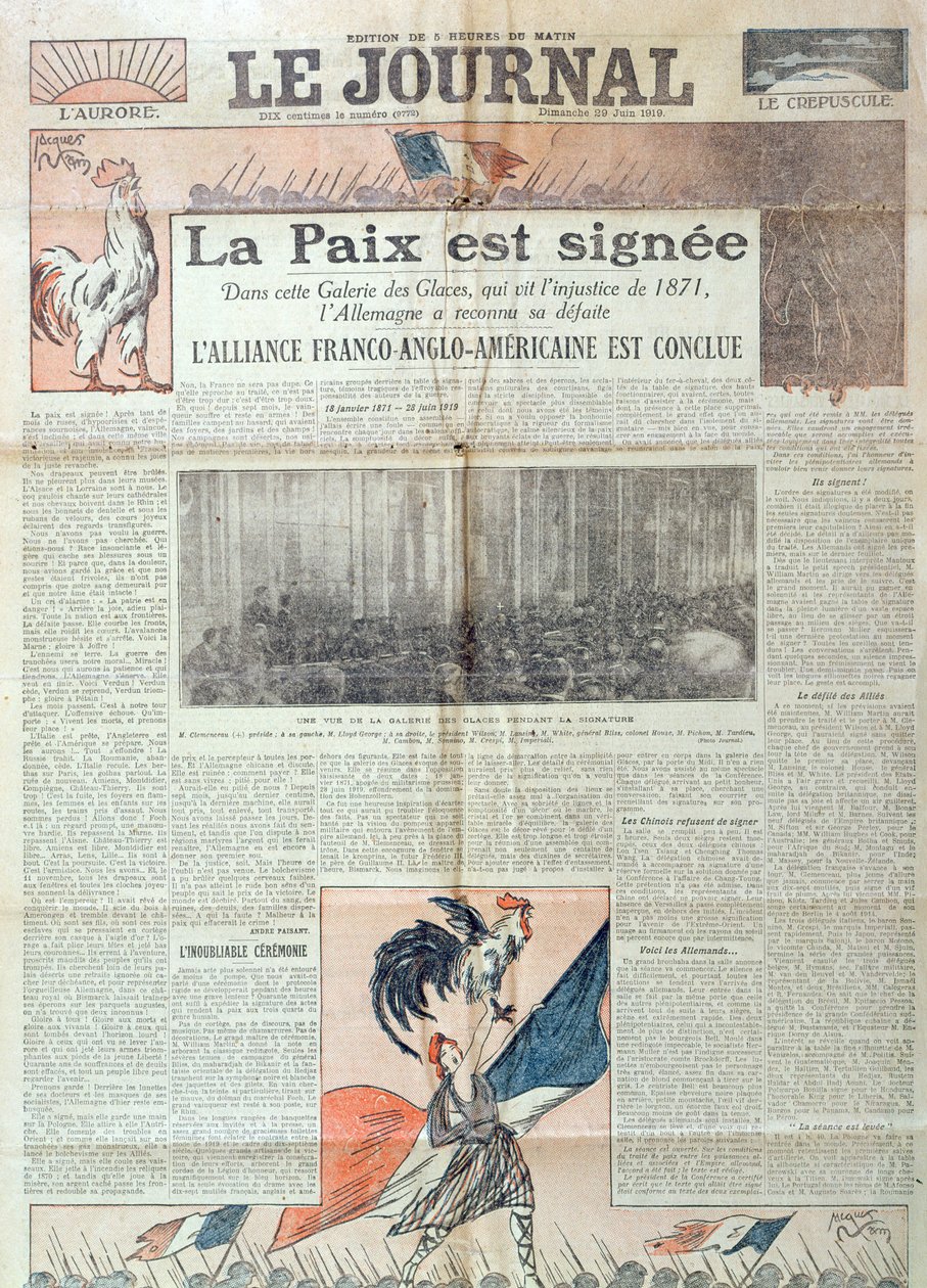Le Journal于1919年6月28日，1919年6月29日庆祝签署凡尔赛条约的头版 作者 法语学校
