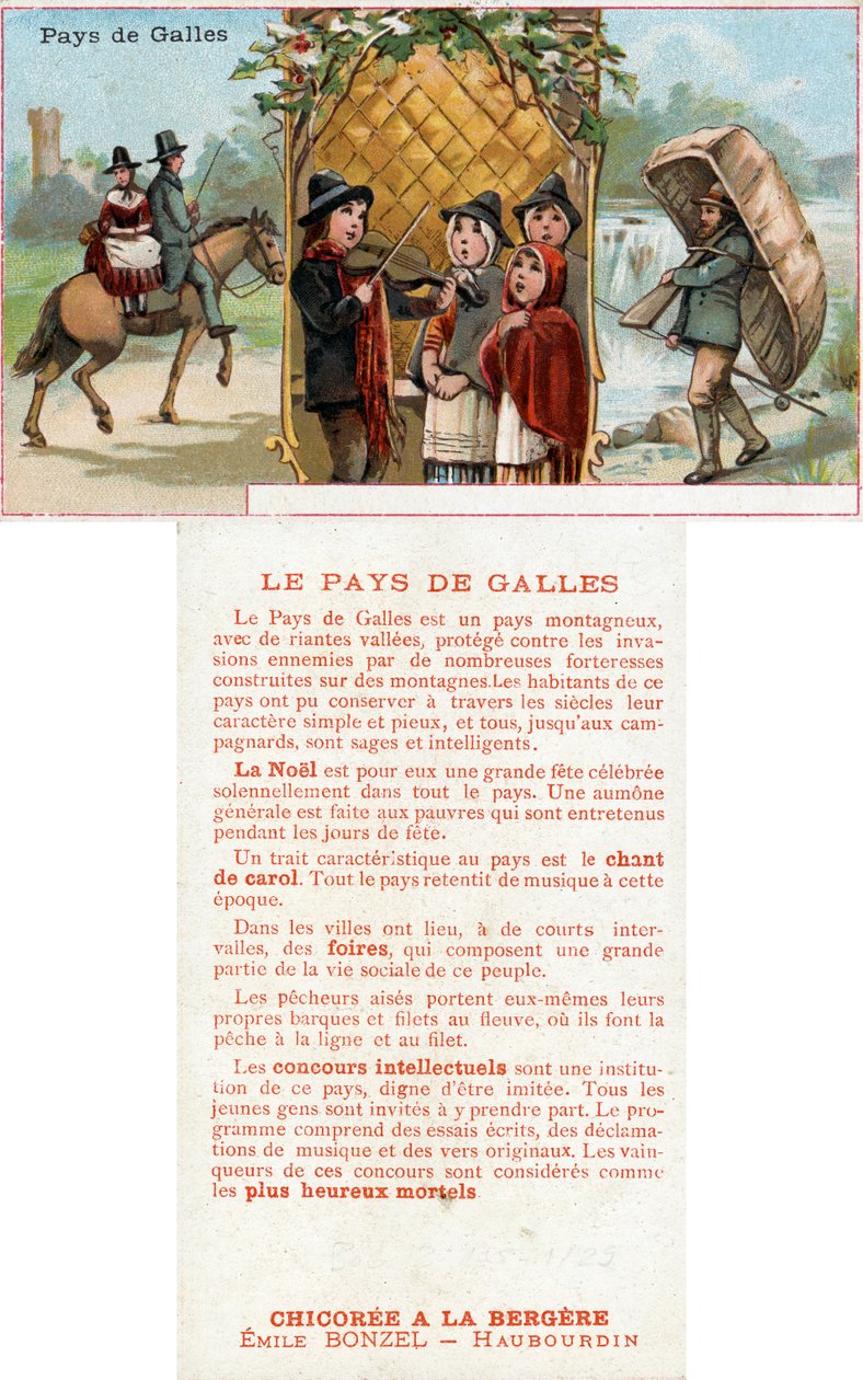 饮料ChicoréeàlaBergère的促销卡正面和反面，描绘了威尔士生活，1890年（另见488433） 作者 法语学校