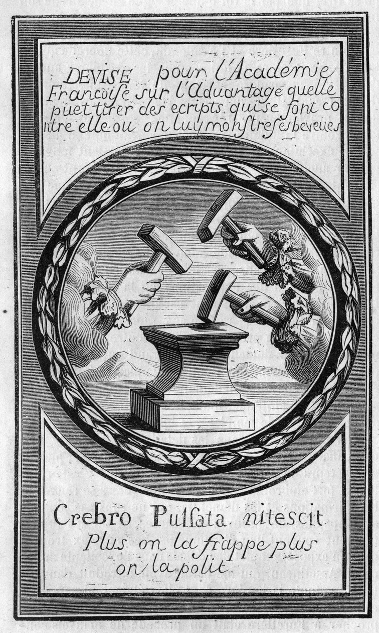 Antoine Furetiere (1619-1688)反对法国学院的 "事实 "的封面。1860年的雕版画。 作者 法语学校