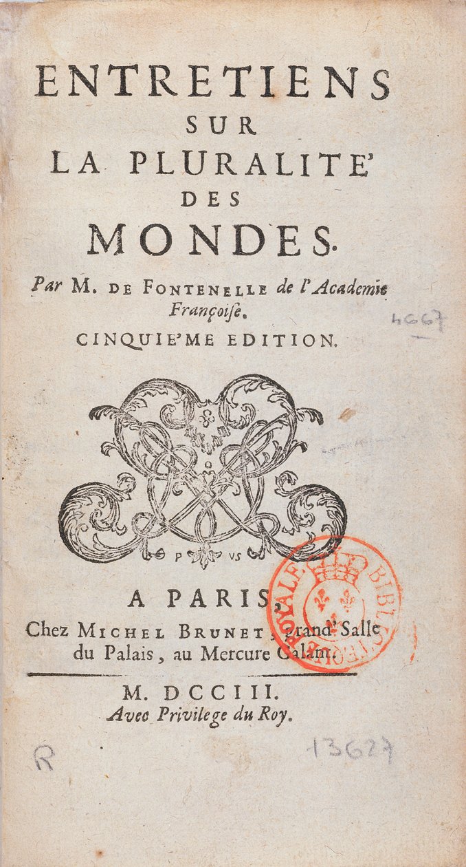 由Bernard Le Bovier de Fontenelle（1657-1757）撰写的多元世界对话的主题，于1773年出版 作者 法语学校