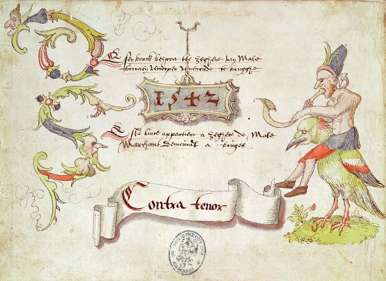 Recueil de chants religieux et profanes II的主题描绘了一个人演奏弯曲的管乐器，骑着鸟，反男高音部分，1542 作者 法语学校