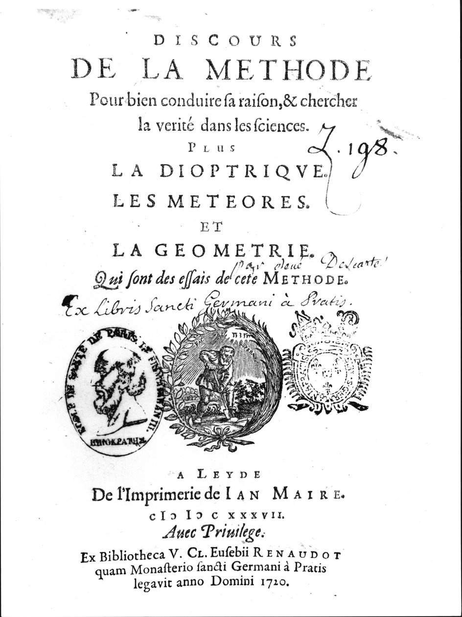Discours de la Methode的主题是La Dioptrique，Les Meteores et La Geometrie by Rene Descartes（1596-1650），于1637年首次在莱顿出版 作者 法语学校