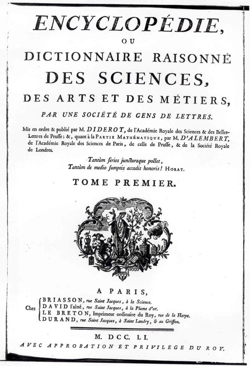 Denis Diderot（1713-84）的“科学，艺术和工程百科全书”的主题发表于1751年的巴黎 作者 法语学校