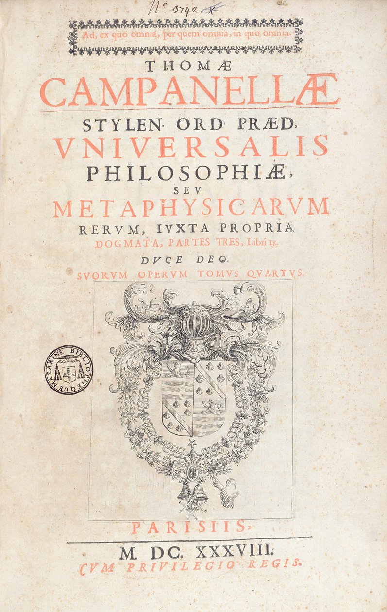 卷首由托马索·康帕内拉通用哲学，在巴黎出版，1638 作者 法语学校