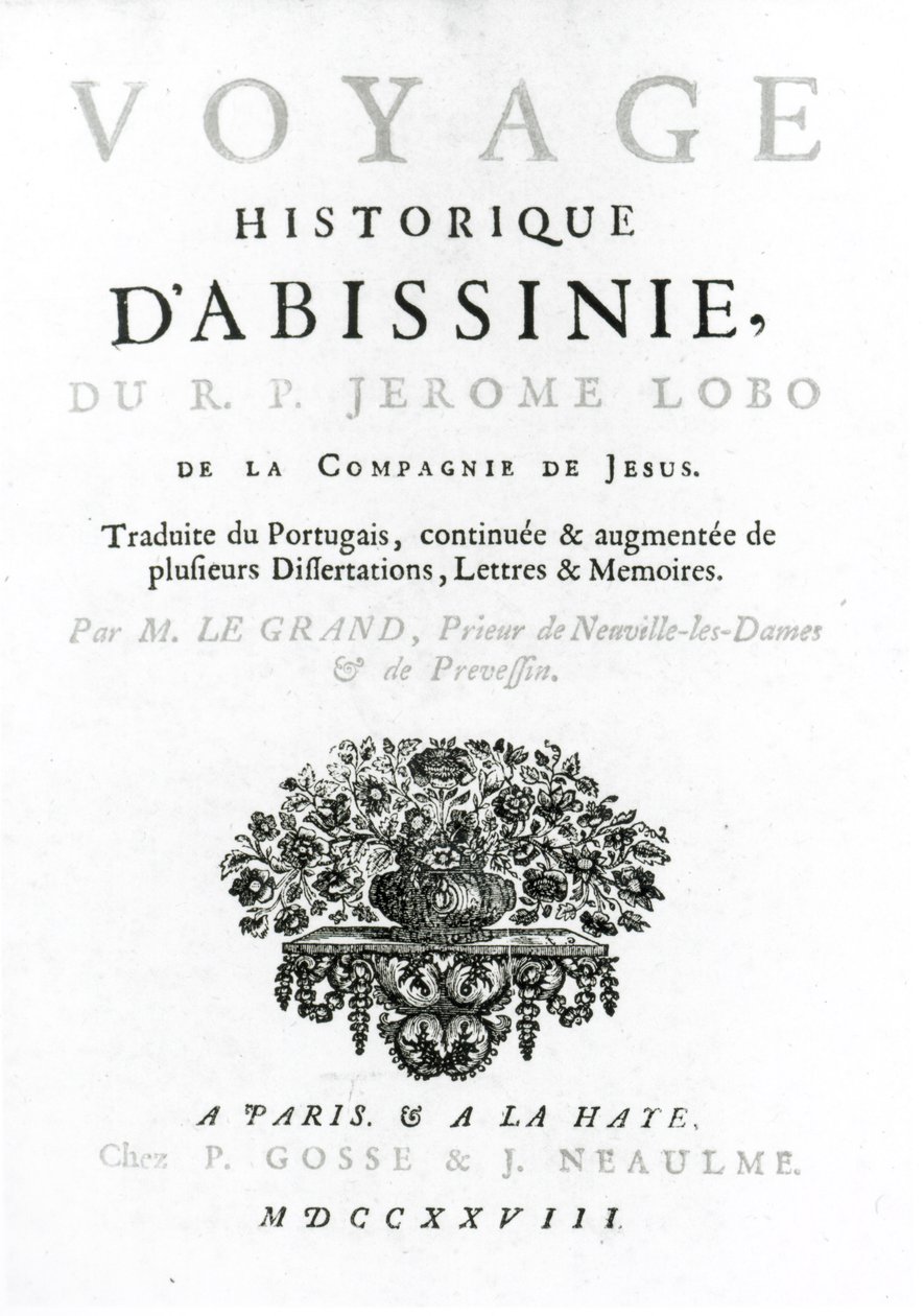 由Jeronimo Lobo（约1596-1678）发表于1728年的Voyage to Abyssinia法语翻译的正面文字 作者 法语学校