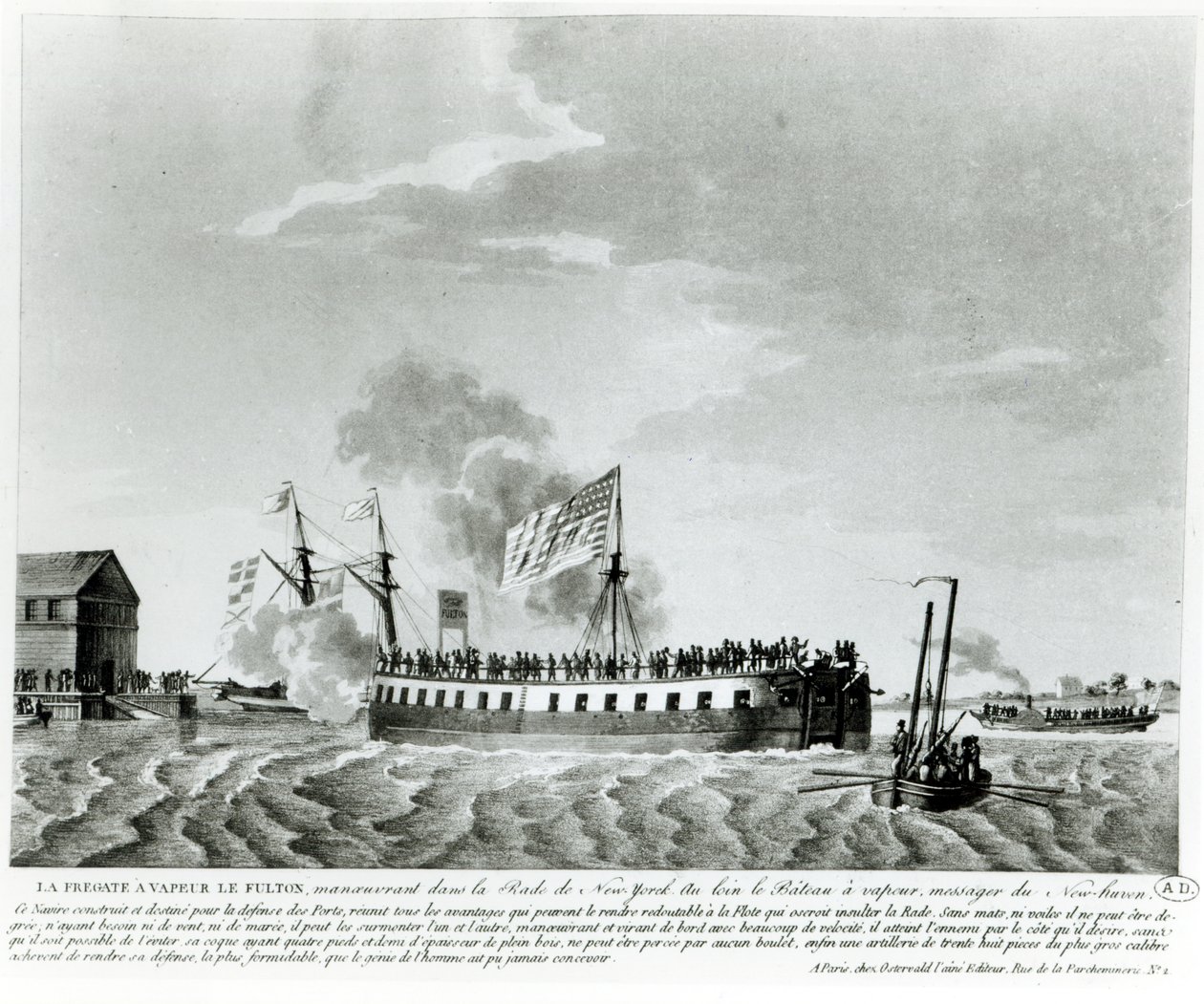 Fultons蒸汽动力战舰，Fulton the First，由Robert Fulton设计和建造，用于在1812年的战争中为纽约进行防御（19世纪早期的照片。雕刻） 作者 法语学校