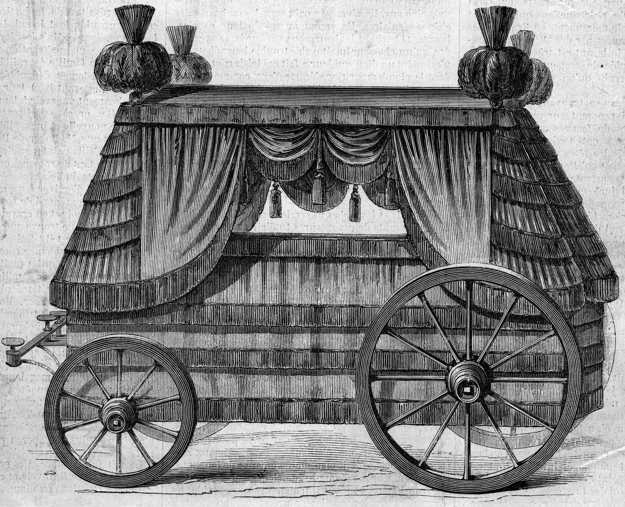 拿破仑一世皇帝（1769-1821）的葬礼战车，由英国女王维多利亚一世在1858年提供给拿破仑三世的圣海伦（Saint Helene）。1858年9月25日《世界画报》第76期上的版画。 作者 法语学校