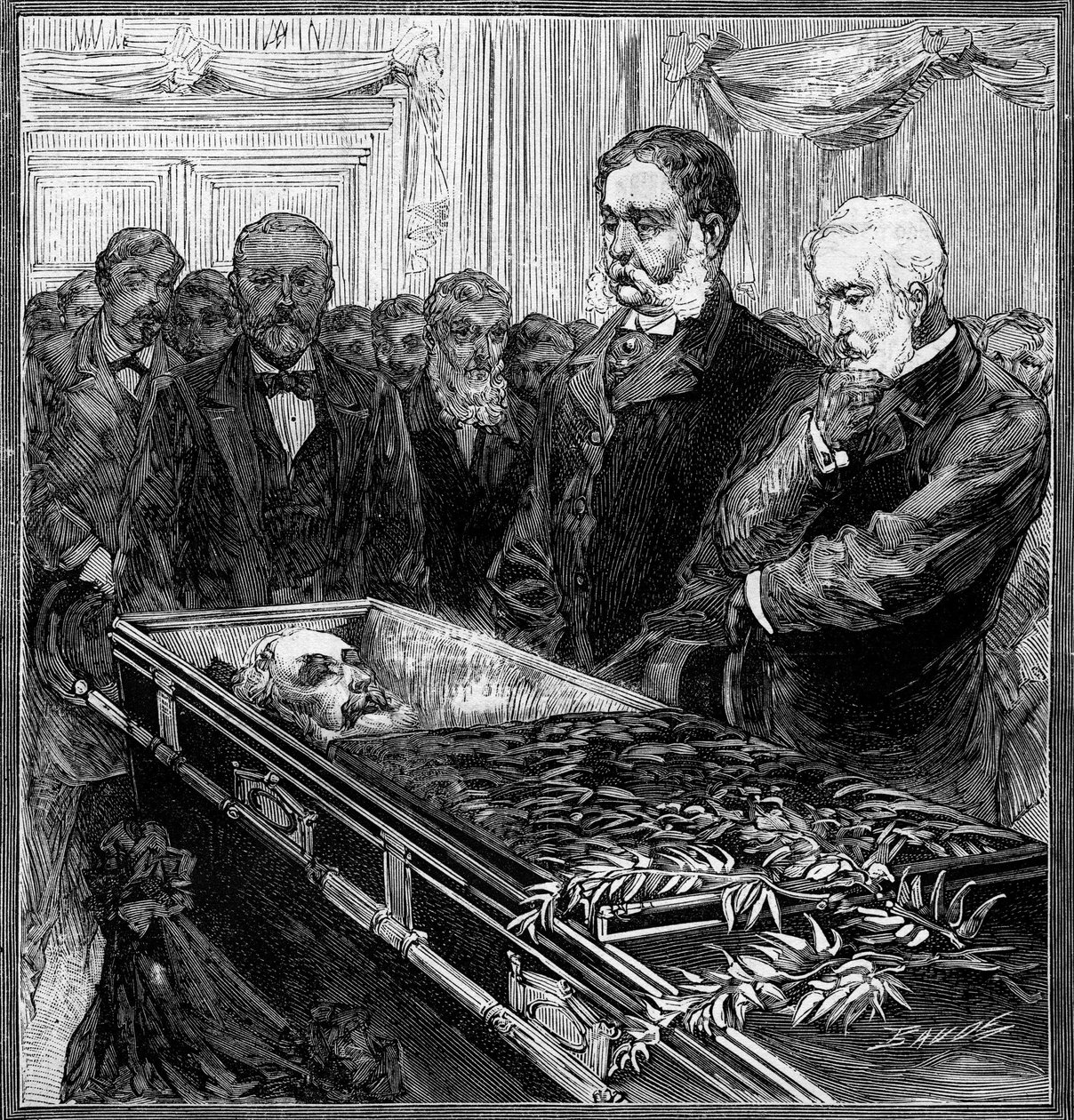 美国总统詹姆斯-阿布拉姆-加菲尔德（1831-1881）的葬礼：他的继任者切斯特-阿兰-阿瑟（1830-1886）和秘书布兰在华盛顿国会大厦穹顶下的棺材前。刊登在《世界画报》第1282期上的雕版画。 作者 法语学校