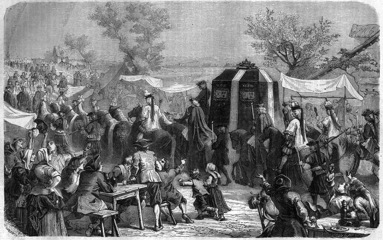 1715年，路易十四的葬礼。莫里斯-拉夏尔（Maurice Lachatre）的《历代教皇-资产-皇后和皇帝的历史》中的版画 作者 法语学校