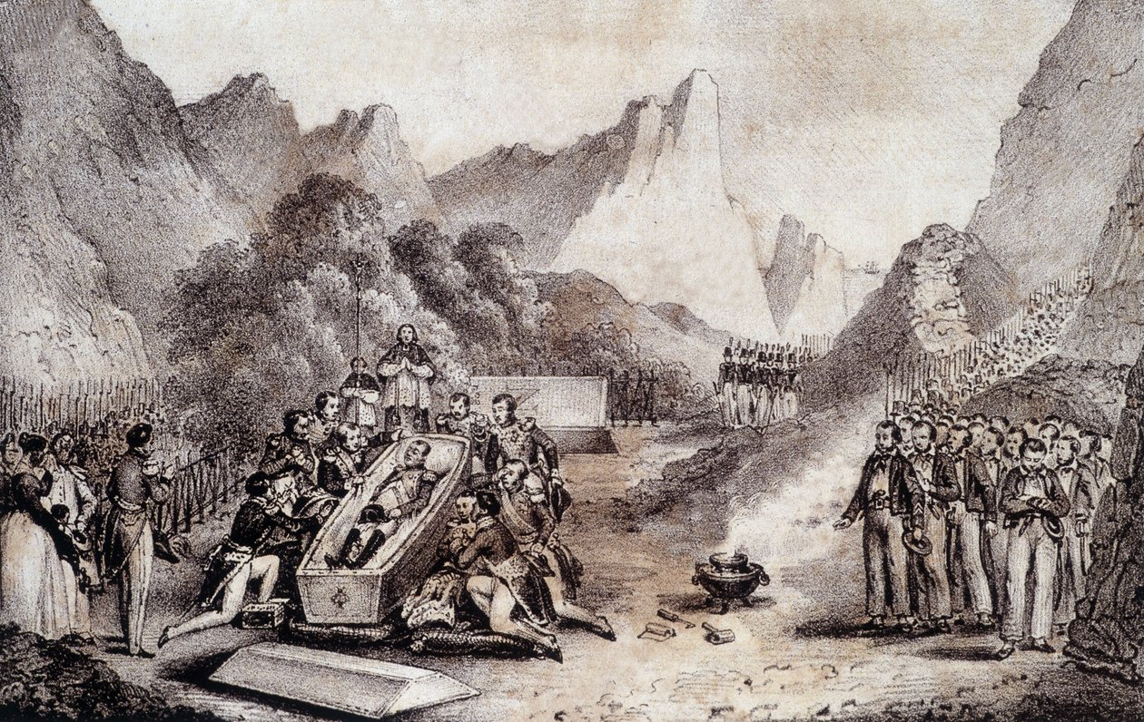 拿破仑一世的葬礼：在圣赫勒拿挖掘拿破仑的尸体 - 由 Levilly 绘制，在 M. St Maurice 的“拿破仑葬礼的历史绘画”中，c。 1851 年。 作者 法语学校