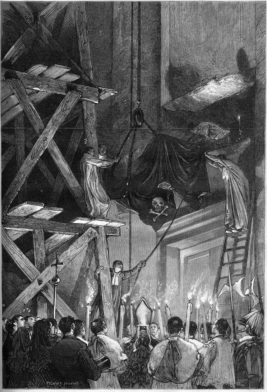 教皇皮乌斯一世（Pio）（1792-1878）的葬礼：在罗马的圣彼得大教堂安葬尸体。1878年3月9日《世界画报》第1093期上的版画。 作者 法语学校