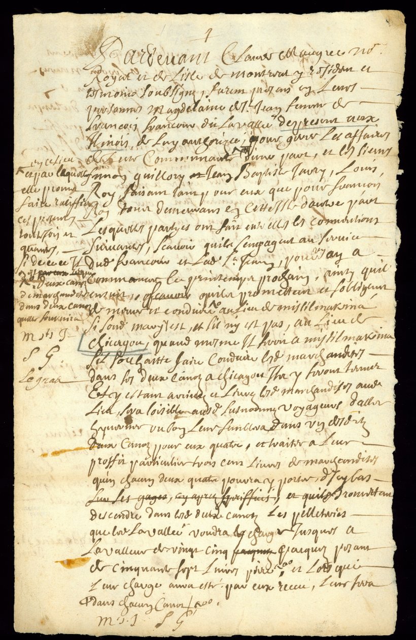 1692年，弗朗索瓦·弗朗科尔（Francois Francoeur）与四名旅行者之间的毛皮贸易合同，用于货物运输和购买海狸皮（Michilimackinac）和芝加哥（芝加哥）（另见332317） 作者 法语学校