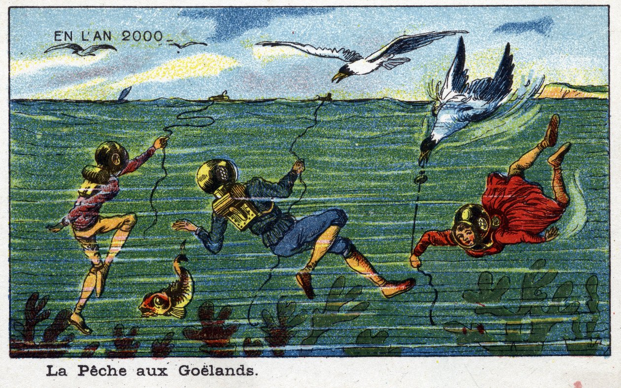 未来之日。十九世纪对2000年的展望 - "2000年 "系列。La Pêche aux Goëlands.Villemard的彩色石版画 作者 法语学校