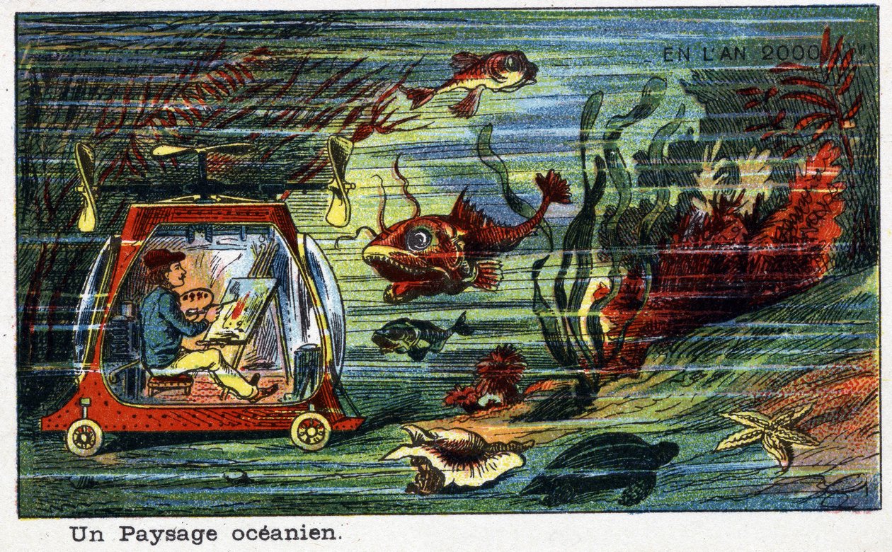 Futuredays: A Nineteenth Century Vision of the Year 2000 - Serie “” In the Year 2000””: An Ocean Landscape (a painter painting the landscape under the sea in a small underwater vehicle). Chromolithography by Villemard 作者 法语学校